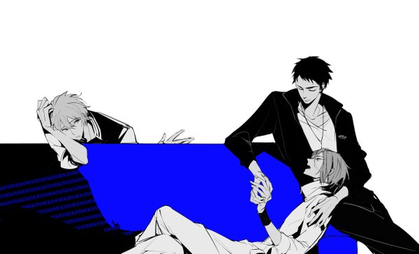 Anime picture 1200x729 with free! kyoto animation matsuoka rin yamazaki sosuke shigino kisumi zmore short hair open mouth black hair simple background wide image white background sitting looking away profile grey hair inscription open clothes open jacket multiple boys