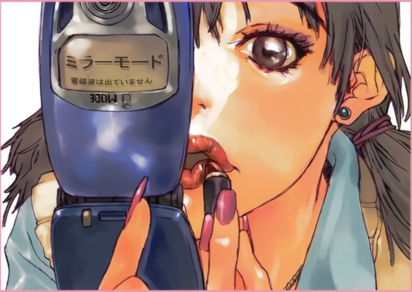 Anime picture 2395x1699 with original artworks re boot okazaki takeshi single highres short hair open mouth black hair simple background white background twintails nail polish fingernails lips grey eyes lipstick border short twintails close-up face