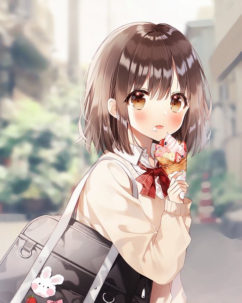 Anime picture 999x1251 with original weri single tall image looking at viewer blush fringe short hair hair between eyes brown hair standing holding brown eyes upper body outdoors depth of field open collar food on face girl uniform