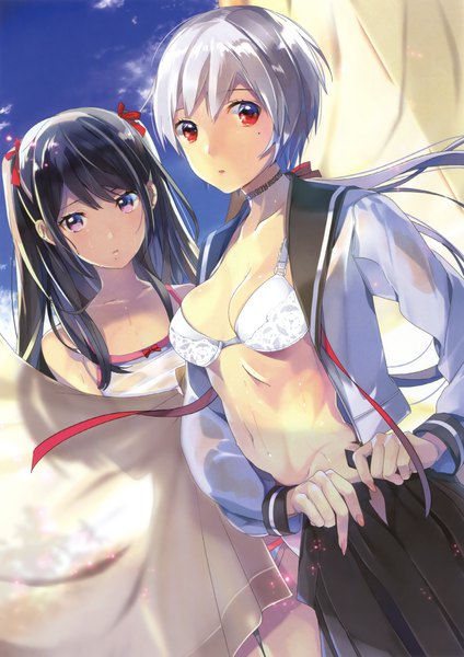 Anime picture 2210x3127 with comic toranoana taira tsukune long hair tall image looking at viewer highres short hair breasts light erotic black hair red eyes purple eyes multiple girls silver hair scan official art open shirt girl skirt navel