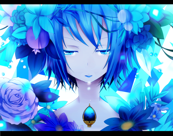 Anime picture 1940x1529 with mahou shoujo madoka magica shaft (studio) miki sayaka bloodcatblack (tsukiko) single highres short hair blue eyes blue hair upper body face girl flower (flowers)