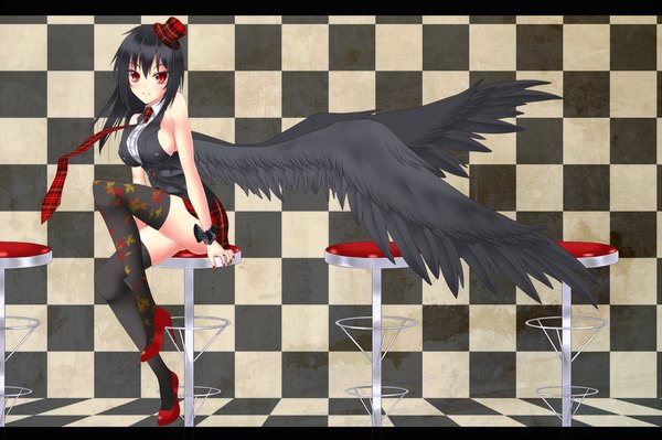 Anime picture 2000x1333 with touhou shameimaru aya gmot single looking at viewer highres short hair light erotic black hair red eyes checkered background girl thighhighs skirt black thighhighs hat wings necktie