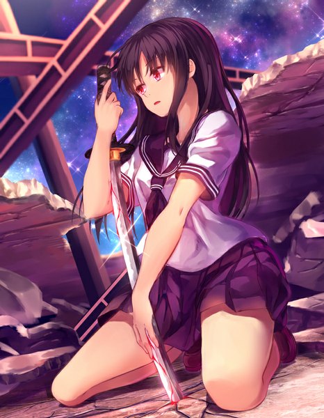 Anime picture 699x900 with original yasuno (airy light) single long hair tall image fringe black hair red eyes sitting looking away parted lips pleated skirt night night sky shiny ruins girl skirt uniform weapon