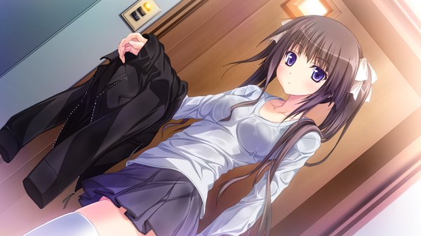 Anime picture 1280x720 with hapymaher purple software hirasaka keiko tsukimori hiro long hair looking at viewer black hair wide image purple eyes twintails game cg wet clothes girl thighhighs skirt bow hair bow miniskirt white thighhighs jacket
