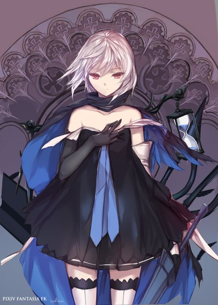 Anime picture 1181x1653 with original pixiv fantasia pixiv fantasia fallen kings paradise (character) swd3e2 single tall image short hair red eyes bare shoulders white hair girl thighhighs dress gloves weapon sword elbow gloves cape