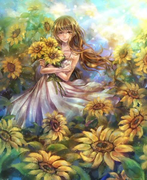 Anime picture 1800x2200 with original daphne zhang single long hair tall image looking at viewer highres blonde hair bare shoulders yellow eyes sunlight backlighting girl sundress sunflower