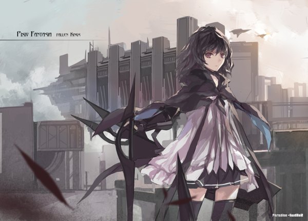 Anime picture 2952x2125 with original pixiv fantasia pixiv fantasia fallen kings paradise (character) swd3e2 single looking at viewer highres short hair black hair brown eyes inscription depth of field zettai ryouiki scenic girl thighhighs dress weapon black thighhighs