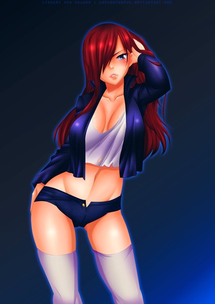 Anime picture 2550x3619 with fairy tail erza scarlet anpannyanpan single long hair tall image looking at viewer blush fringe highres light erotic simple background cleavage red hair pink eyes hair over one eye hand on head girl thighhighs navel