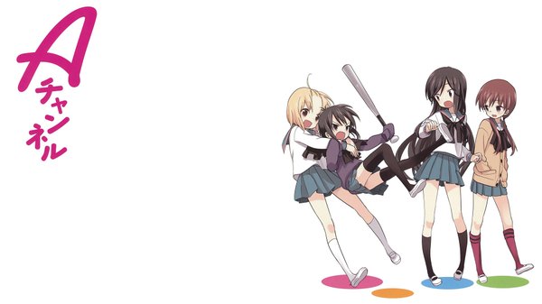 Anime picture 1920x1080 with a channel ichii tooru nishi yuuko momoki run tennouji nagisa long hair highres short hair open mouth black hair blonde hair simple background red eyes brown hair wide image white background multiple girls ahoge hieroglyph girl