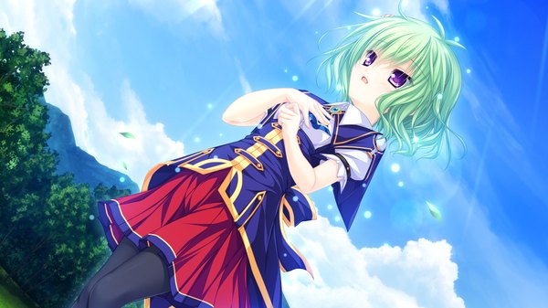 Anime picture 1920x1080 with justy nasty whirlpool (studio) kagami hibiki mikagami mamizu highres short hair open mouth wide image purple eyes game cg cloud (clouds) green hair girl uniform school uniform