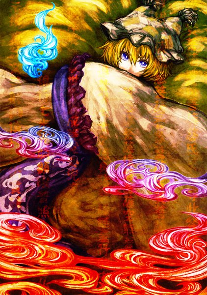 Anime picture 1000x1421 with touhou yakumo ran akasia single tall image looking at viewer short hair blonde hair purple eyes magic hieroglyph girl bonnet