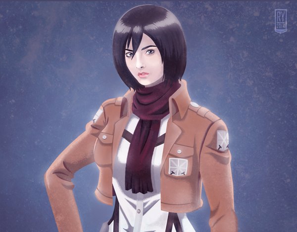 Anime picture 4266x3333 with shingeki no kyojin production i.g mikasa ackerman twistedrhye single highres short hair open mouth black hair simple background signed absurdres grey eyes girl uniform scarf military uniform red scarf