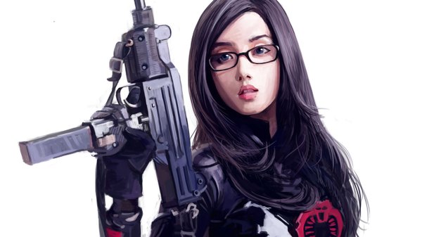 Anime picture 1366x768 with tagme (artist) single long hair blue eyes black hair simple background wide image white background girl gloves weapon glasses gun