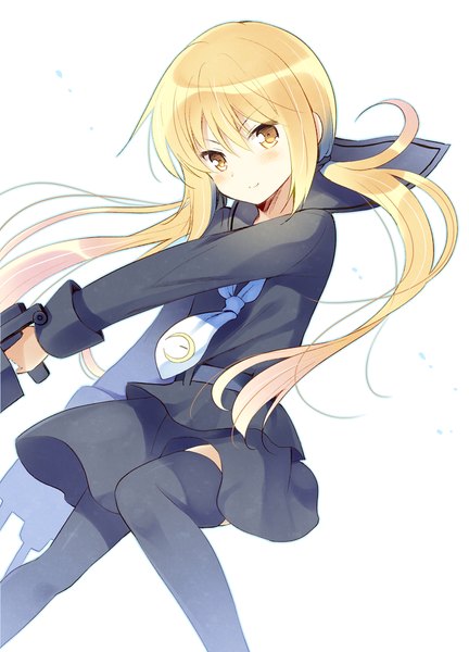 Anime picture 720x1000 with kantai collection satsuki destroyer komi zumiko single long hair tall image looking at viewer blush simple background blonde hair smile white background twintails yellow eyes low twintails girl thighhighs skirt uniform black thighhighs