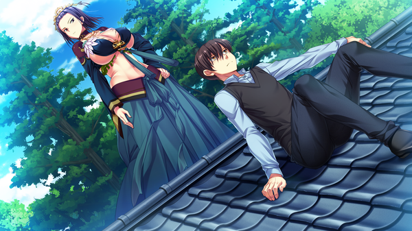 Anime picture 2048x1152 with umisora no fragments highres short hair breasts light erotic black hair wide image brown eyes game cg midriff huge breasts girl dress boy hair ornament plant (plants) tree (trees)