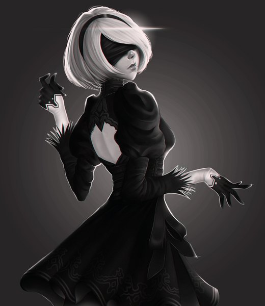 Anime picture 2906x3350 with nier nier:automata yorha no. 2 type b meracci-art single tall image fringe highres short hair breasts simple background long sleeves lips puffy sleeves monochrome blindfold girl dress hairband black dress