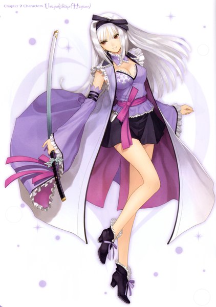 Anime picture 4411x6278 with shining (series) shining hearts tony taka single long hair tall image highres brown eyes absurdres white hair open clothes open jacket legs girl skirt bow weapon hair bow detached sleeves sword