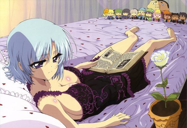 Anime picture 5972x4086 with tantei opera milky holmes nyantype henriette mystere single highres short hair breasts light erotic purple eyes blue hair absurdres cleavage lying barefoot official art girl flower (flowers) plant (plants) book (books) toy