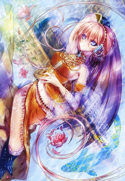 Anime picture 2073x2992 with vocaloid megurine luka single long hair tall image highres blue eyes bare shoulders pink hair midriff reflection girl skirt navel flower (flowers) water headphones jewelry