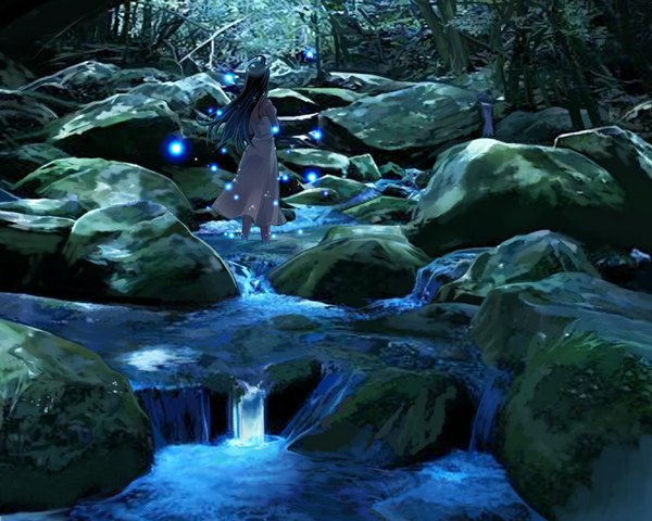 Anime picture 1000x800 with original chimachi single long hair black hair from behind river rock girl plant (plants) tree (trees) sundress