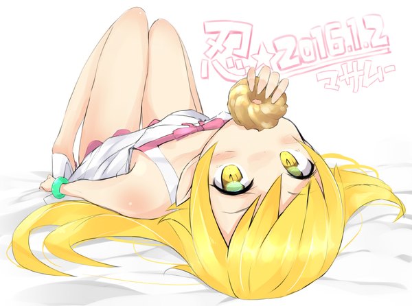 Anime picture 1000x744 with bakemonogatari shaft (studio) monogatari (series) oshino shinobu masamuuu single long hair looking at viewer fringe light erotic simple background blonde hair white background signed yellow eyes payot full body lying dated girl