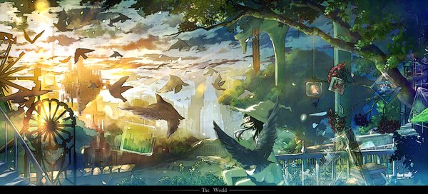 Anime picture 1500x680 with original yatsude wide image sitting sky cloud (clouds) city evening sunset scenic girl flower (flowers) plant (plants) animal petals tree (trees) bird (birds) book (books) lantern flying castle