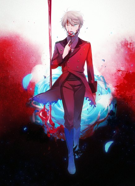 Anime picture 850x1170 with aldnoah.zero a-1 pictures slaine troyard aki (neyuki41028) single tall image looking at viewer fringe short hair blonde hair holding one eye closed gradient background red background walking space blood on face bleeding boy uniform