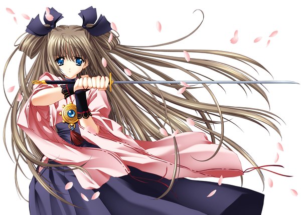 Anime picture 6364x4553 with push!! carnelian single looking at viewer highres blue eyes simple background brown hair white background holding very long hair traditional clothes japanese clothes miko serious samurai girl weapon petals sword
