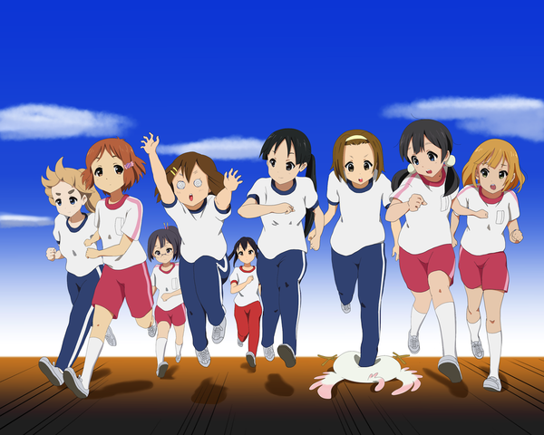 Anime picture 1280x1024 with k-on! tamako market kyoto animation akiyama mio hirasawa yui nakano azusa kotobuki tsumugi tainaka ritsu kitashirakawa tamako dera mochimazzui asagiri shiori tokiwa midori makino kanna b (papiopine) long hair short hair open mouth blue eyes black hair blonde hair