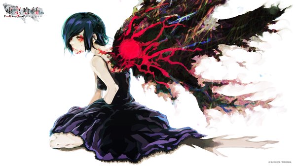 Anime picture 1920x1080 with tokyo ghoul studio pierrot kirishima touka sui ishida single looking at viewer fringe highres short hair black hair red eyes wide image sitting signed hair over one eye inscription shadow girl dress wings