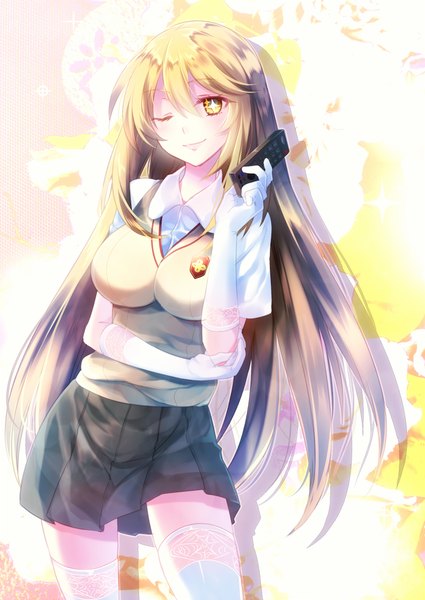 Anime picture 800x1129 with to aru kagaku no railgun j.c. staff shokuhou misaki riichu single long hair tall image blonde hair yellow eyes one eye closed wink zettai ryouiki + + girl thighhighs skirt gloves uniform school uniform white thighhighs