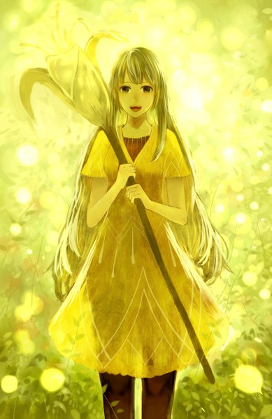 Anime picture 839x1294 with original bounin single long hair tall image looking at viewer fringe breasts open mouth blonde hair standing holding happy girl dress flower (flowers)