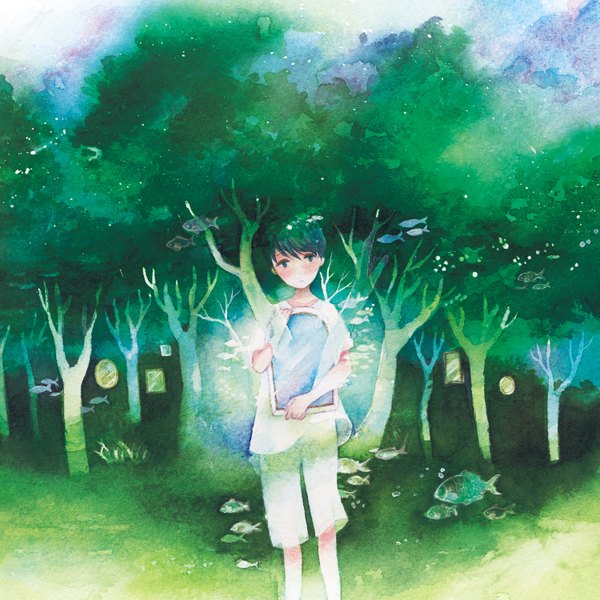 Anime picture 1500x1500 with original ni bi single short hair blue eyes blue hair multicolored hair green hair two-tone hair traditional media watercolor (medium) boy plant (plants) tree (trees) fish (fishes) child (children) mirror