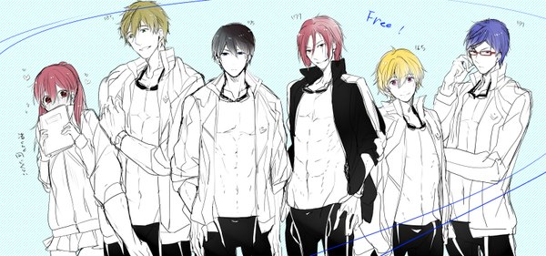 Anime picture 1600x750 with free! kyoto animation matsuoka rin nanase haruka (free!) tachibana makoto matsuoka gou hazuki nagisa ryugazaki rei tatsumi warabe long hair short hair blue eyes black hair blonde hair smile red eyes wide image standing purple eyes green eyes