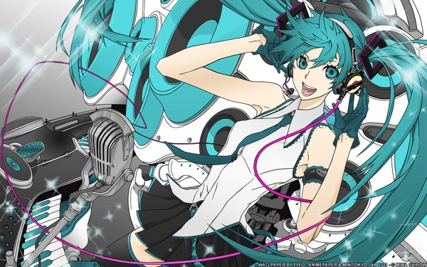 Anime picture 1920x1200 with vocaloid hatsune miku miwa shirow fiifo (artist) single long hair looking at viewer highres smile wide image twintails aqua eyes aqua hair wallpaper third-party edit music girl shirt necktie headphones