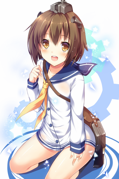 Anime picture 900x1346 with kantai collection yukikaze destroyer tomoo (tomo) single tall image looking at viewer blush short hair open mouth brown hair brown eyes girl hair ornament sailor suit