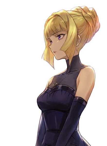 Anime picture 700x955 with mobile suit gundam gundam tekketsu no orphans sunrise (studio) kudelia aina bernstein guchico single tall image blonde hair simple background white background purple eyes looking away alternate hairstyle hair up girl dress gloves black gloves elbow gloves