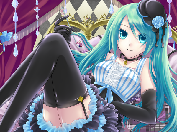 Anime picture 1400x1050 with vocaloid hatsune miku kurone kuroneko single long hair looking at viewer smile twintails bare shoulders aqua eyes aqua hair sleeveless reclining girl thighhighs dress gloves black thighhighs hat elbow gloves