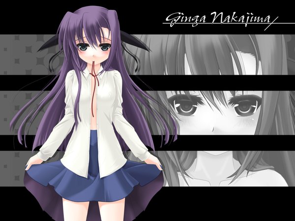 Anime picture 1600x1200 with mahou shoujo lyrical nanoha mahou shoujo lyrical nanoha strikers ginga nakajima frapowa long hair highres light erotic holding purple hair open clothes open shirt wallpaper mouth hold skirt lift ribbon in mouth girl skirt