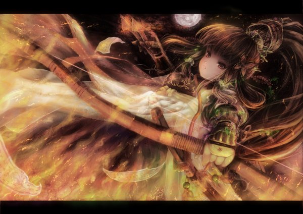 Anime picture 1300x919 with original miyai haruki single long hair brown hair brown eyes ponytail traditional clothes girl hair ornament moon bow (weapon)