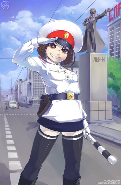 Anime picture 787x1200 with original vladimir ilyich lenin krokobyaka single tall image looking at viewer short hair breasts smile holding signed sky cloud (clouds) outdoors shadow orange eyes zettai ryouiki city street salute