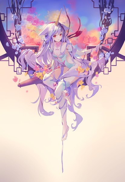 Anime picture 1000x1451 with original criin single tall image looking at viewer blush fringe light erotic smile red eyes sitting holding animal ears purple hair full body very long hair parted lips barefoot horn (horns) closed umbrella