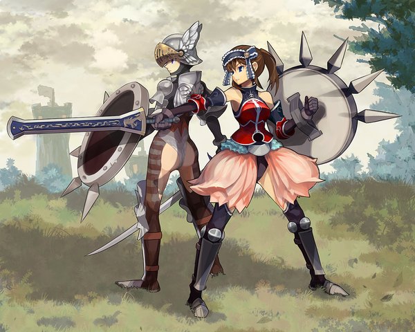 Anime picture 1280x1024 with fantasy earth zero short hair blue eyes brown hair standing bare shoulders multiple girls knight warrior girl gloves ribbon (ribbons) weapon 2 girls plant (plants) hair ribbon sword wings tree (trees) elbow gloves