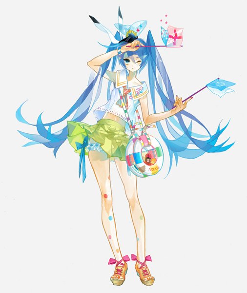 Anime picture 842x998 with vocaloid hatsune miku k ototo (artist) single long hair tall image looking at viewer blue eyes simple background twintails blue hair nail polish pleated skirt one eye closed wink grey background bare belly girl skirt hat