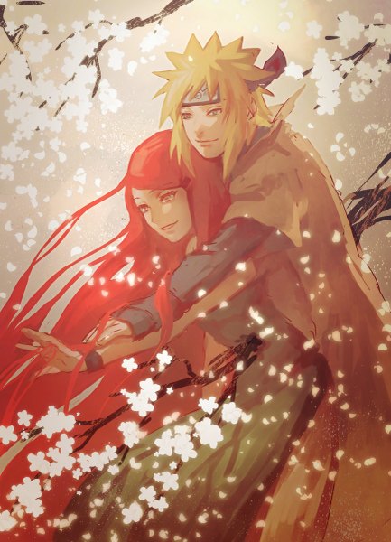 Anime picture 867x1200 with naruto studio pierrot naruto (series) namikaze minato uzumaki kushina andref kanzaki long hair tall image short hair blonde hair smile looking away red hair couple hug cherry blossoms outstretched arm jinchuriki hug from behind hokage