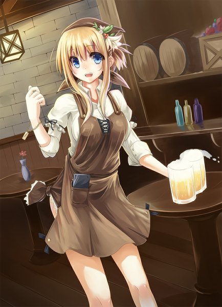 Anime picture 723x1000 with original taletale single long hair tall image looking at viewer blush open mouth blue eyes blonde hair girl apron alcohol beer bar