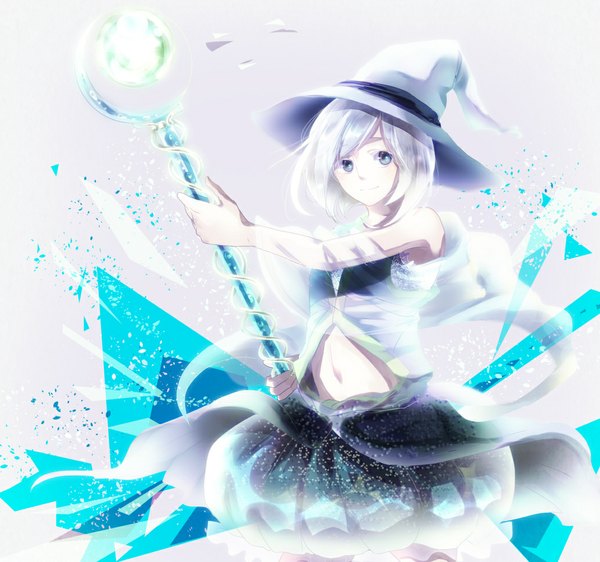 Anime picture 1034x970 with original hrxxx (roko) single looking at viewer fringe short hair blue eyes smile holding silver hair glowing glow witch girl skirt navel hat witch hat staff