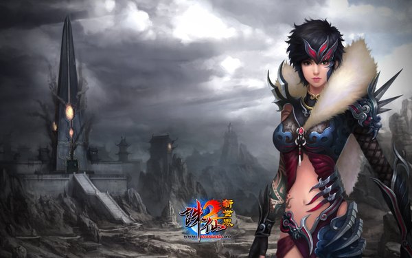 Anime picture 1440x900 with zhu xian single looking at viewer short hair black hair wide image cloud (clouds) black eyes realistic midriff tattoo rock girl navel fur castle thorns