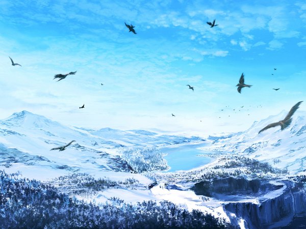 Anime picture 1280x960 with 108 sky snow landscape nature animal bird (birds)