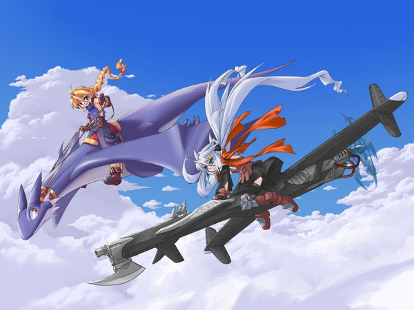 Anime picture 1600x1200 with mof's silver haired twintailed girl original mof highres cloud (clouds) flying dragon redrantem's orange haired girl
